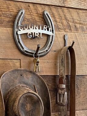 Handcrafted Country Girl Horseshoe Hook Western Metal Wall Decor Railroad Spike!